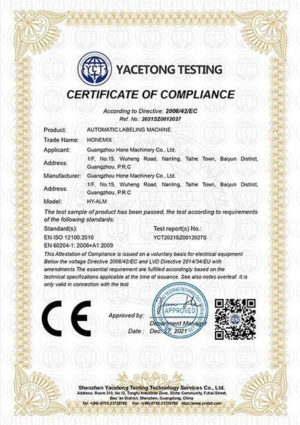 Porcellana Guangzhou Hone Machinery Co., Ltd. Certificazioni
