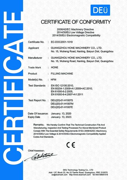 Porcellana Guangzhou Hone Machinery Co., Ltd. Certificazioni